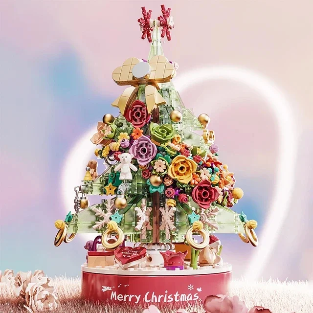 

Bear Flower Christmas Tree Music Box Building Blocks With Light And Gift Toys For Girls Gifts For Adult Home Decoration
