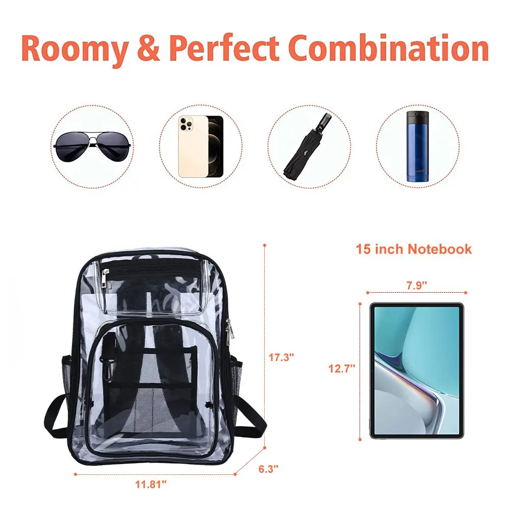 Clear Backpack, Heavy Duty PVC Transparent Backpack Stadium approved with Reinforced Strap School Bookbag for School, Workplace,
