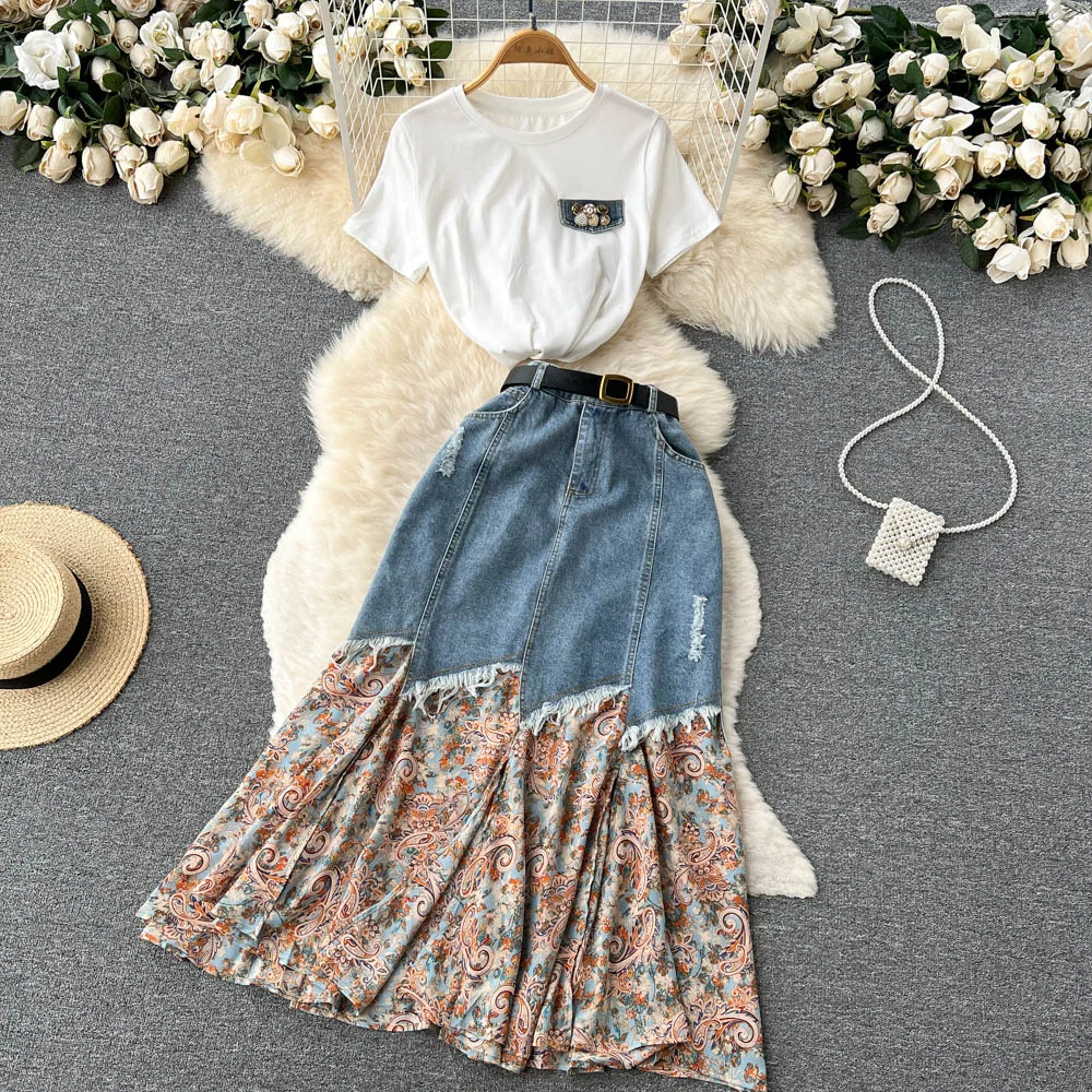 

Ins Chic Women New Fashion Summer Short Sleeve White T Shirts Tops + Splicing Denim Skirt Two-piece Sets F215