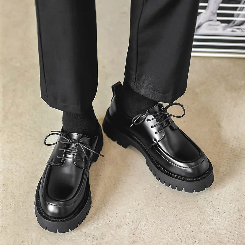 Туфли мужские кожаные деловые дышащие с круглым носком плоская подошва на