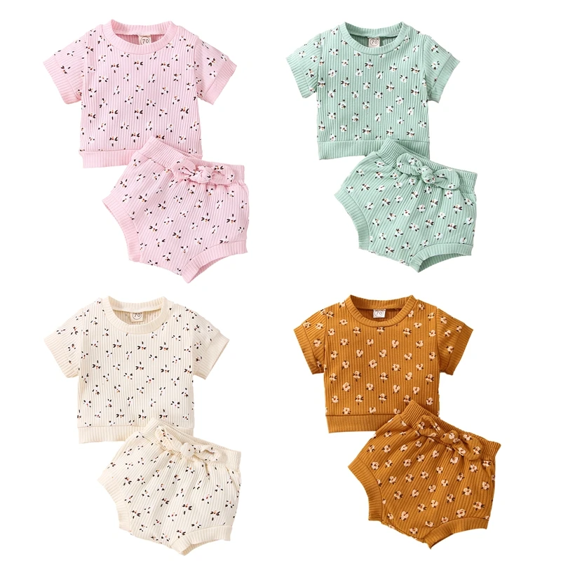 

2022 Baby Girls 2Pcs Summer Outfits, Short Sleeve Floral Print Ribbed T-Shirt + Shorts Set