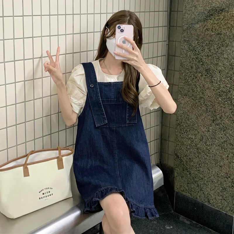 

Denim suspender skirt children's summer 2022 new Korean style fungus edge design feeling loose cover meat dress