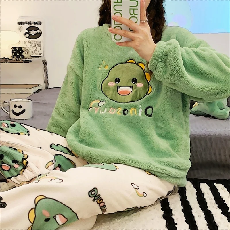 Women's Pajamas Set Plush Warm Pyjamas Funny Cartoon Print Homewear Full-Sleeve Long Pants 2Piece/Set Cozy Sleepwear