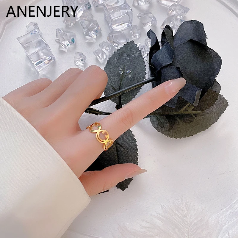 

ANENJERY 316L Stainless Steel Hollow Smileing Opening Adjustable Ring Korean Version Simple Ladies Ring Party Wedding Gift