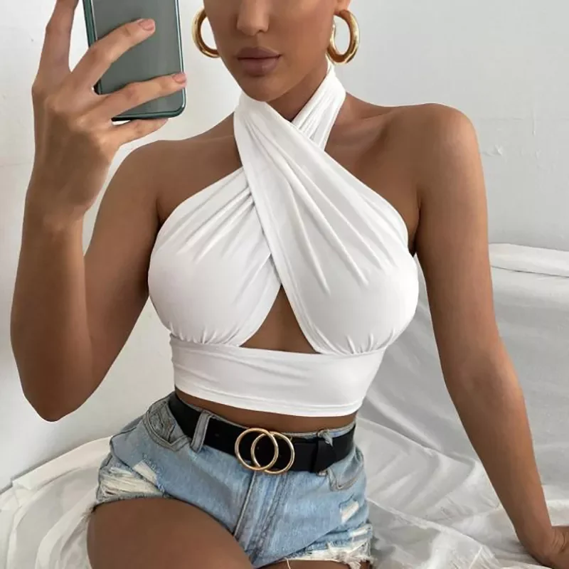 

Women Summer Tank Tops Sexy Solid Color Cross Halter Neck Push Up Hollow Crop Tops 2022 New Fashion