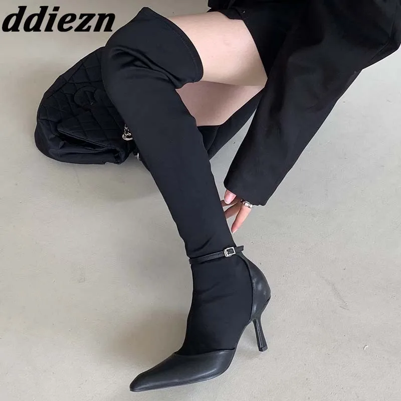 

New 2023 Women Over-the-Knee Stretch Boots Spring Autumn Fashion Pointed Toe Ladies Long Boots Buckle Female Pumps Heel Shoes