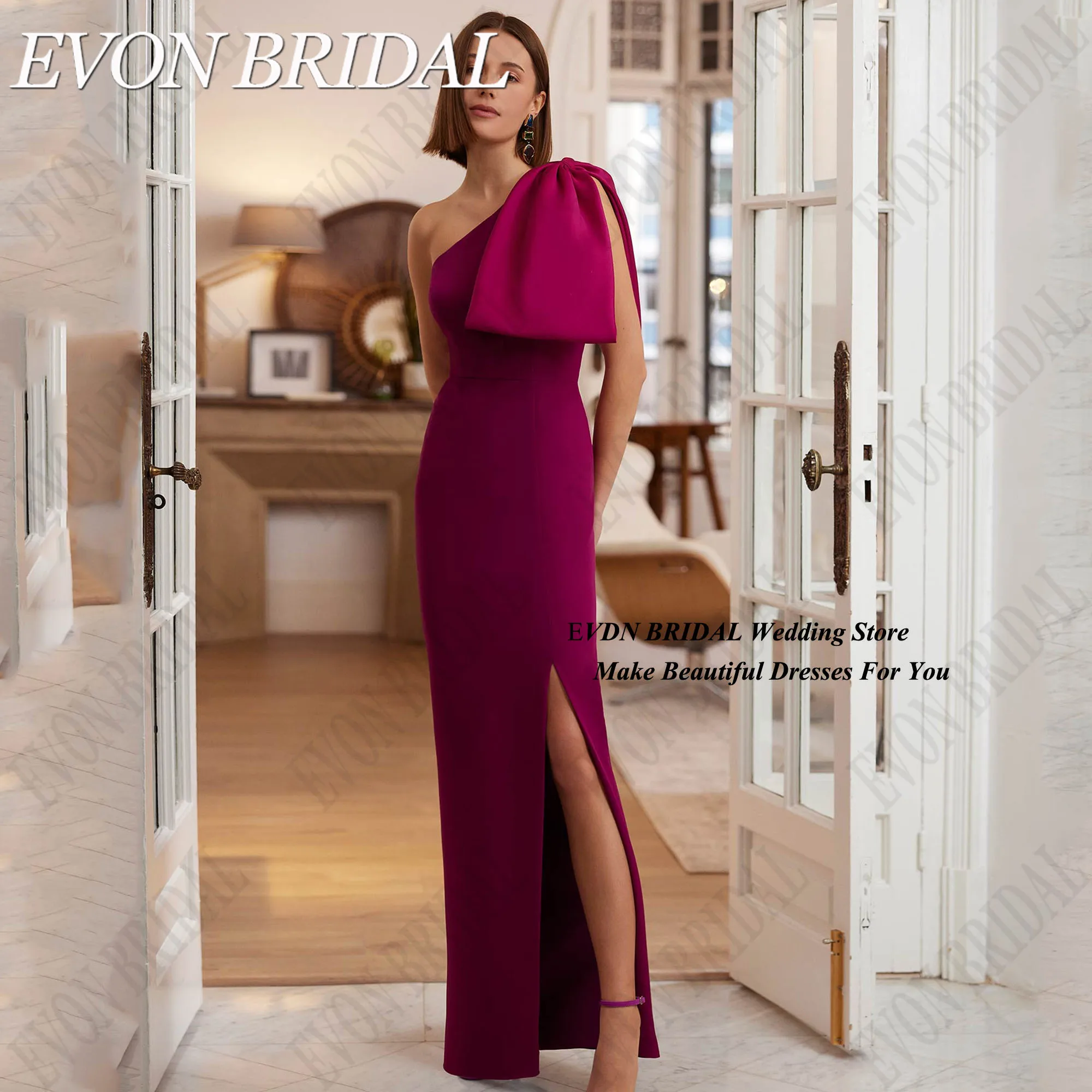 Фото EVON BRIDAL Элегантные длинные вечерние платья на одно плечо с разрезом по бокам длиной до пола, платья для выпускного вечера Русалка с атласным бантом فساتين سهرة по индивидуальному заказу Элегантные длинные вечерние №1