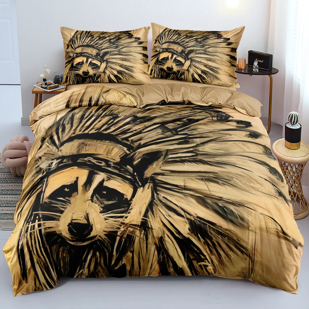 

High Quality Camel Duvet Cover Set India Raccoon Animal Pattern Cute Quilt Cover Pillowcases Twin Double King Queen Sizes