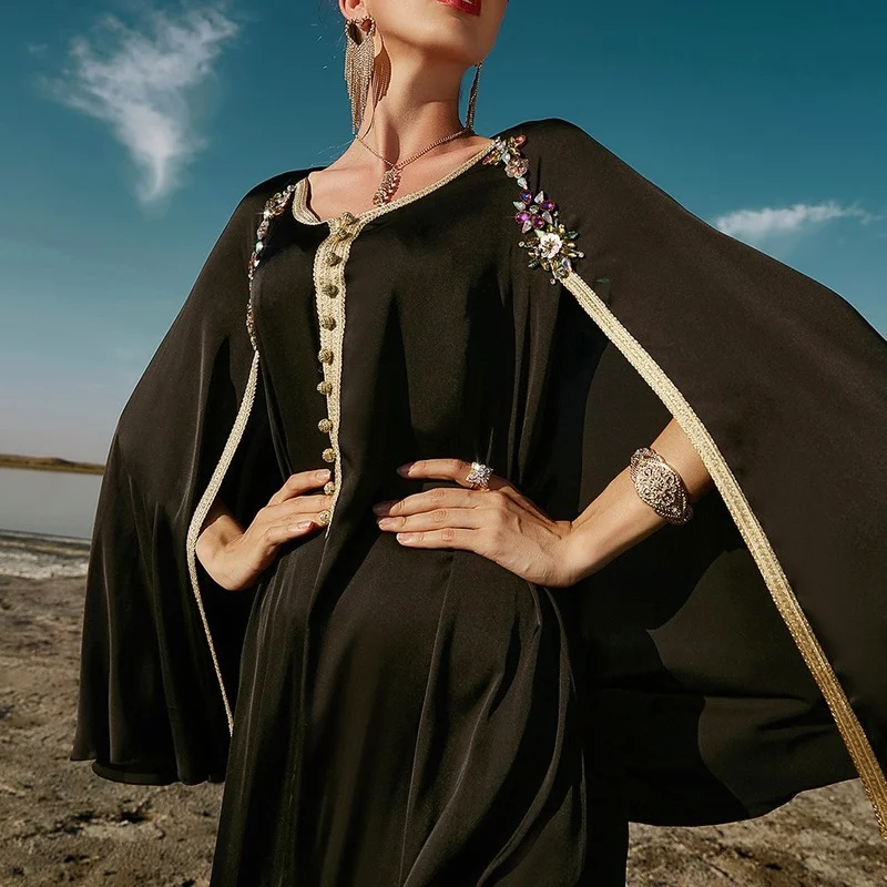 Handwork Diamond Morocco Kaftan Fake 2-piece Long Arabic Satin Abaya Dubai Party Evening Black Muslim Dress Sfifa Braids Galabia
