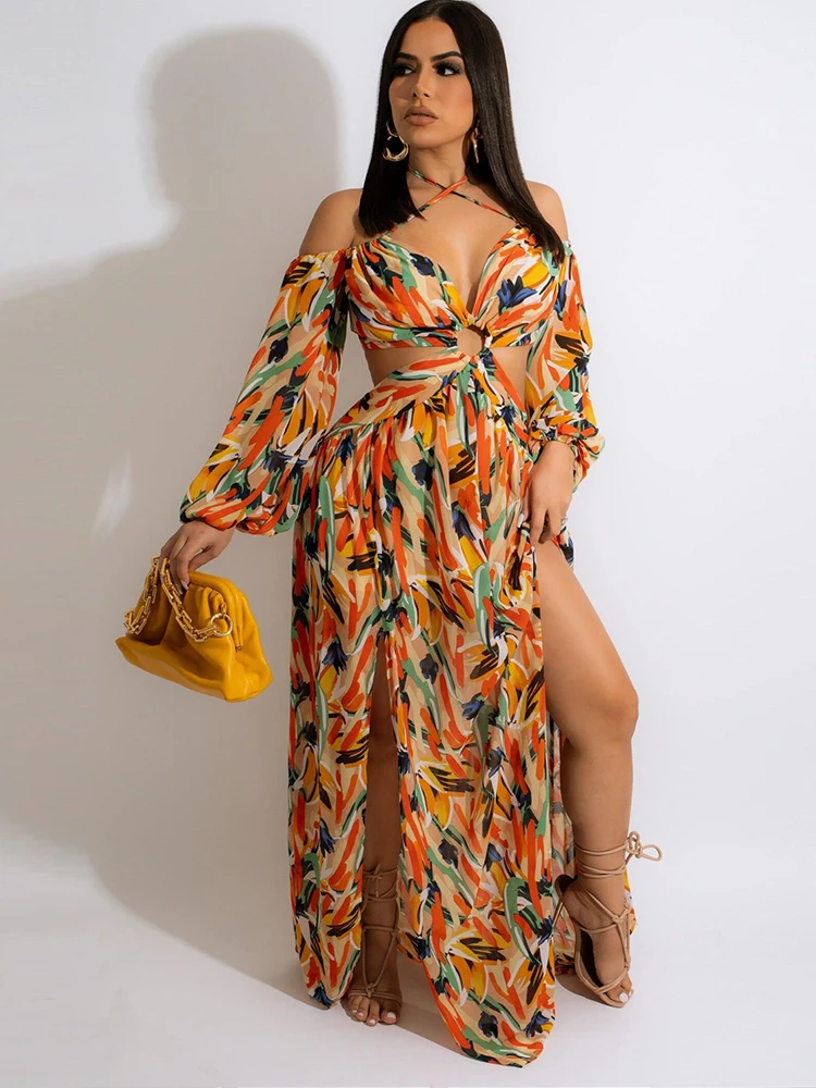 

Women's Summer Chiffon Bohemian Holiday Dresses Sexy Off The Shoulder Full Sleeve Print Clothes Vintage Side Split Beach Vestido