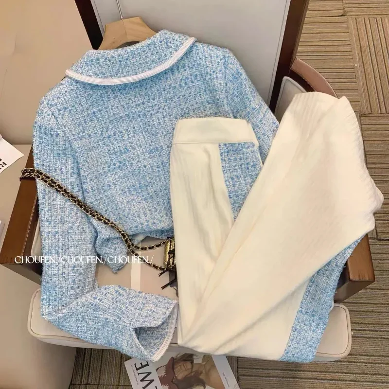 Женский твидовый пиджак с высокой талией элегантный винтажный воротником Питер