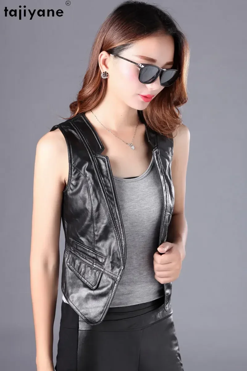 Женская короткая куртка без рукавов Tajiyane черный кожаный жилет из натуральной
