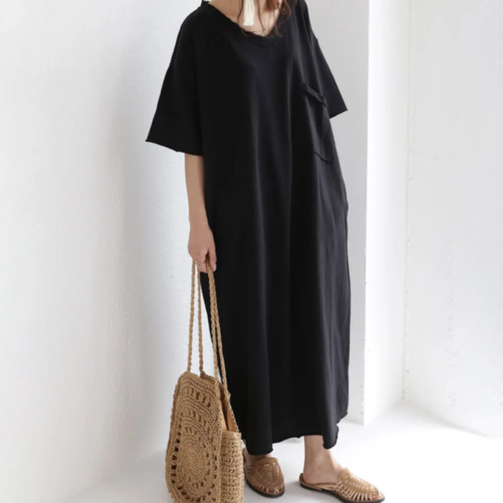 

Dresses For Women 2022 Black Plain Elegant Half Sleeve V-Neck Japanese Style Office Lady Female Simple Maxi Dress Summer