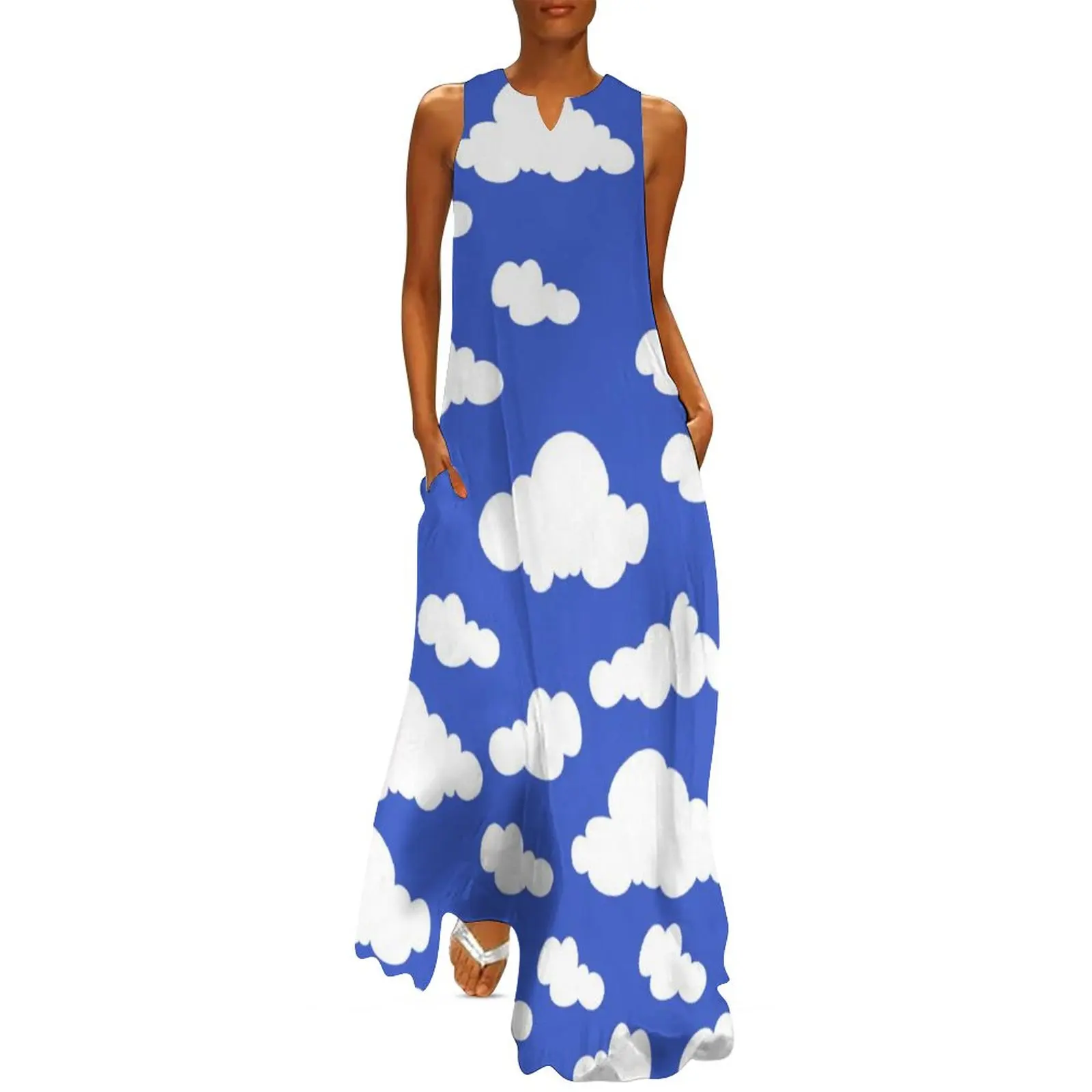 

Cartoon Cloud Dress Cloudy Blue Sky Kawaii Maxi Dress Korean Fashion Casual Long Dresses Women Sleeveless Print Big Size Vestido