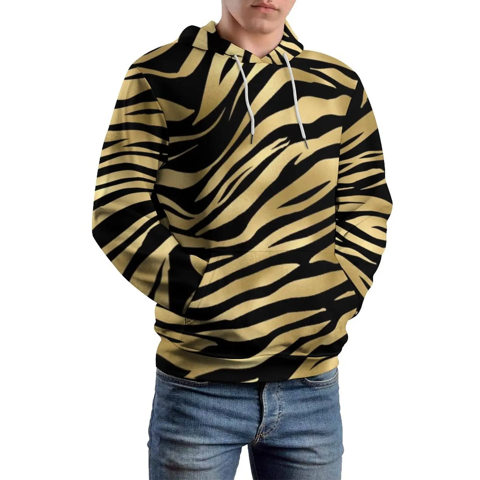 

Толстовка мужская свободного покроя с капюшоном, уличная одежда в полоску, с принтом черного и золотого тигра, с длинным рукавом, с капюшоном, в стиле Харадзюку