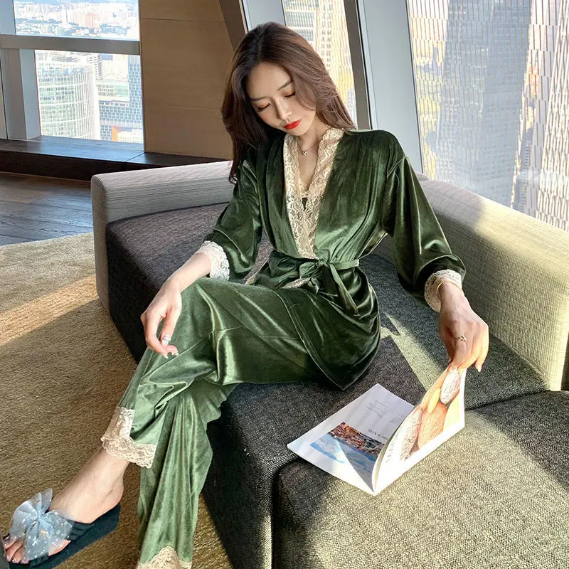 

Pajamas Women's New Autumn And Winter Long Sleeve Three Piece Set Loose Lace Lace Sexy Pajamas Wearable Outwardly Home Suit