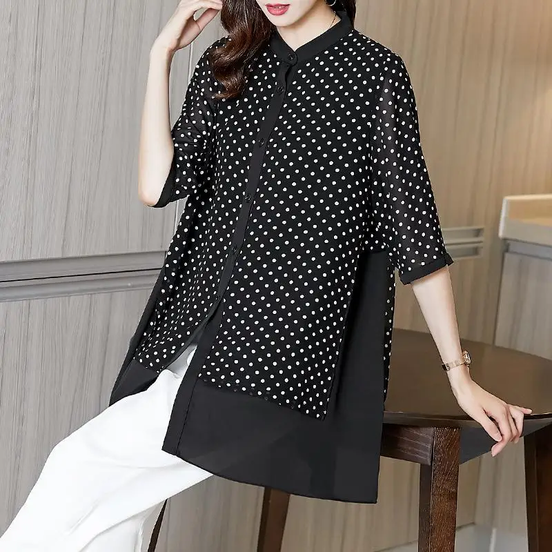 

Elegant Stand Collar Button Spliced Polka Dot Shirt Women's Clothing 2023 Spring New Oversized Casual Tops Office Lady Blouse