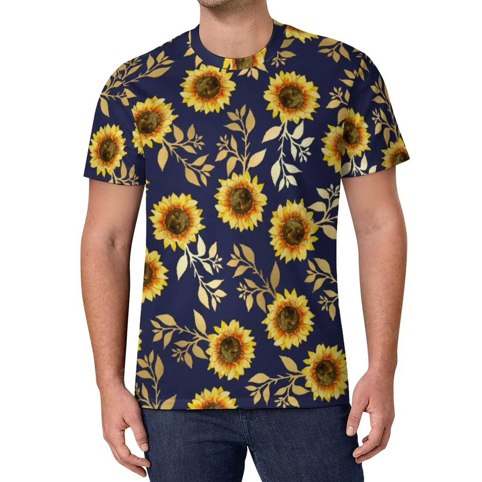 

Gold Navy Sunflower T Shirt Leaves Print Basic T-Shirts Fashion Tee Shirt Man Design Tops Plus Size 5XL 6XL