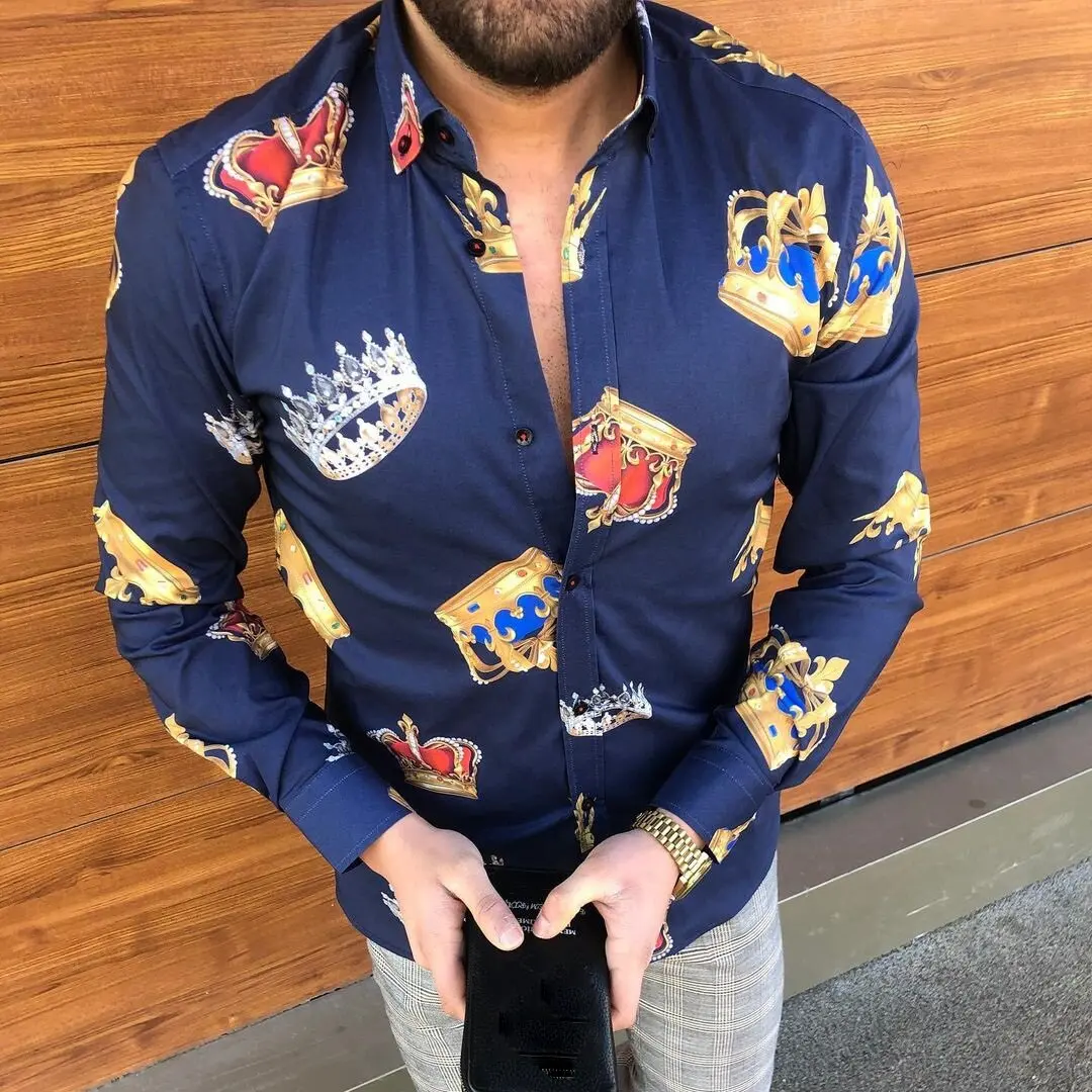 

And Men Spring Fashion Casual Autumn Crown 2023 Flower Print Long Sleeve Turn-down Collar Silky Shirt