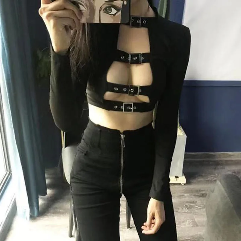 

Top Women Crop TopHollow Out Buckle Long Sleeve Female Bodycon Tops Gothic Punk Black Tops Streetwear Party Lady Tee 2022 New