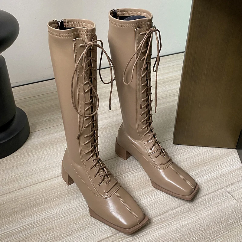 

New Western Knee High Ladies Autumn Modern Boots For Women 2022 Female Shoes Fashion Square Toe Low Heels Cross Tied Boots
