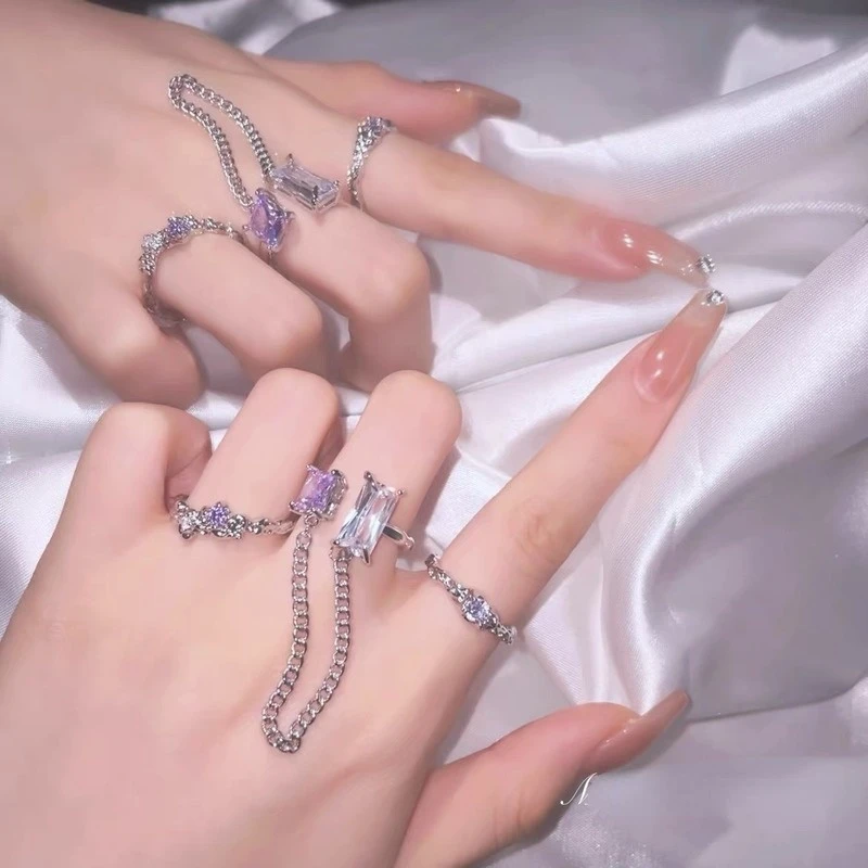 

Purple Cubic Zirconia Fringe Chain Open Ring Women Trendy Gothic Finger Jewelry Party Girl's Sexy Ring 2022 Trend Anillos