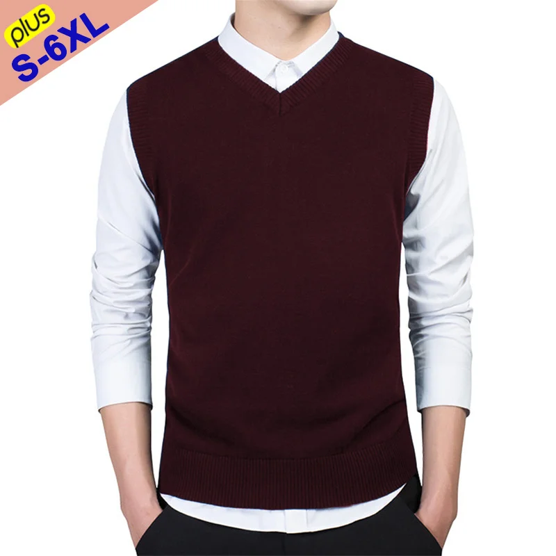 

Men Sweater Vest Male Plus Size 5XL 6XL Cotton Knit Solid Sleeveless Vest Sweater Man Pullover Top Autumn Spring Slim Sweaters
