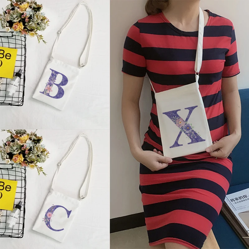 

Purple letter Canvas Ladies Handbag Messenger Bag Fashion Phone Key Perfume Hand Cream Ladies Shoulder Bag Storage Bag Girls Bag