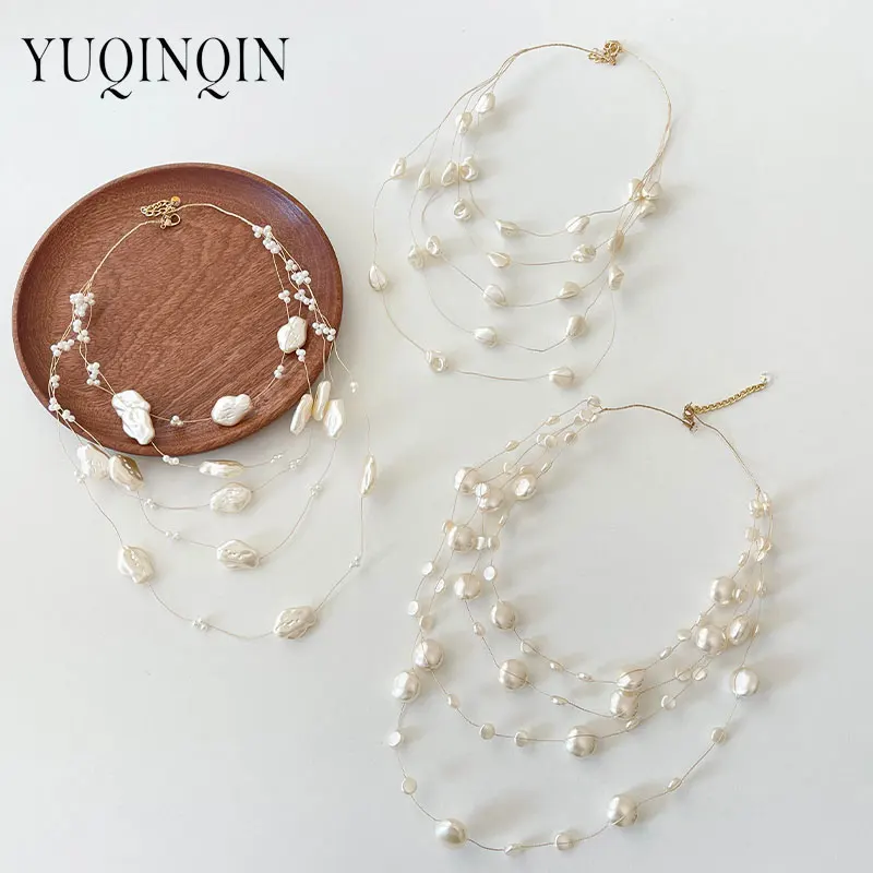 Ожерелье женское многослойное длинное с имитацией жемчуга и бусинами