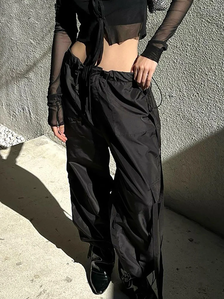 

2023 Dark Techwear модные мешковатые брюки-карго Y2k в стиле панк, кибер-готика, брюки на завязках с высокой талией, повседневная женская уличная одежда с карманами