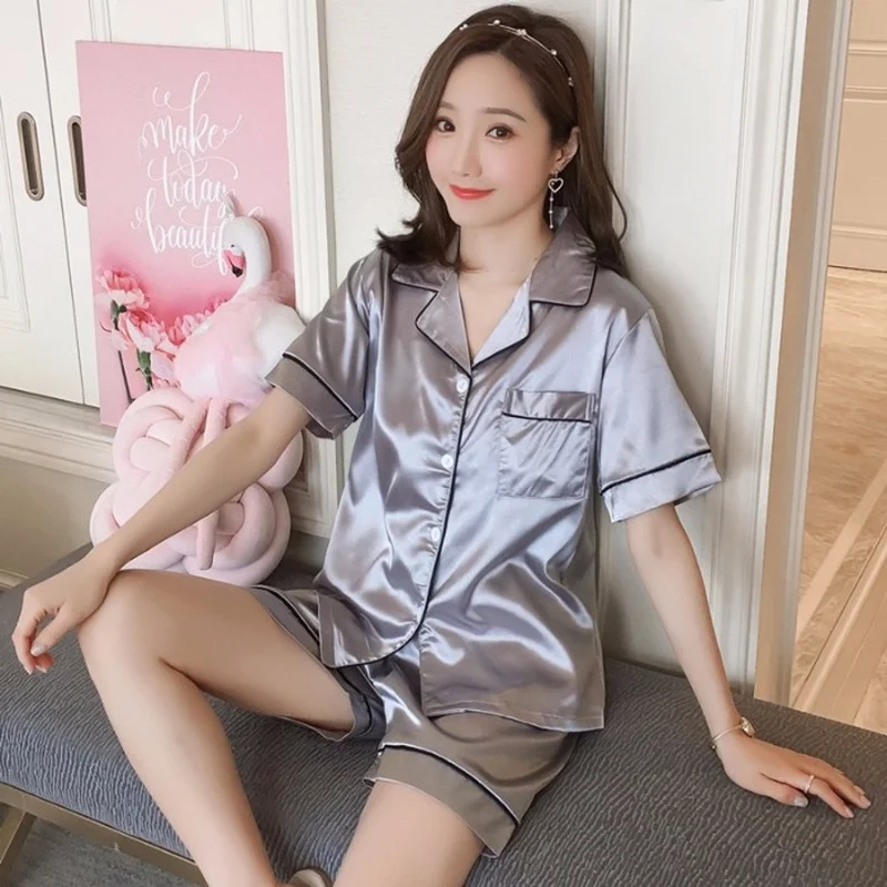 Two Piece Set Summer Pure Color Silk Shorts Girls Pajamas and Home Service Suits Plus Fertilizer Pijamas Women