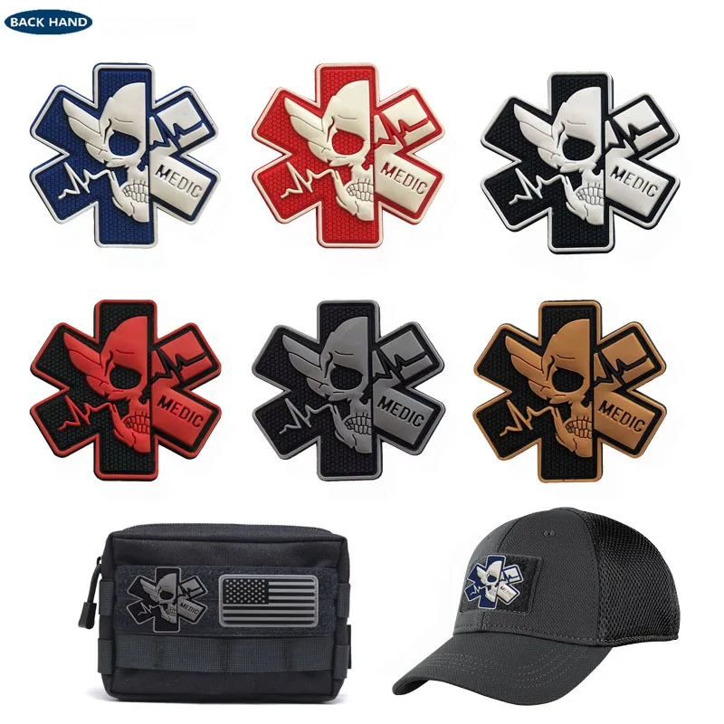 Medic Skull  Patches  Military Outdoor Pvc Paramedic Medical EMS EMT MED First Aid Hook Back Tactical Patch  For Backpack Vest
