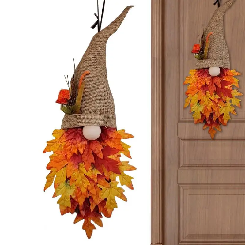 

Artificial Maple Leaves Wreath Colorful Garland With Maple Leaves And Gnome Seasonal Decor Rustic Charming Wreath For Door
