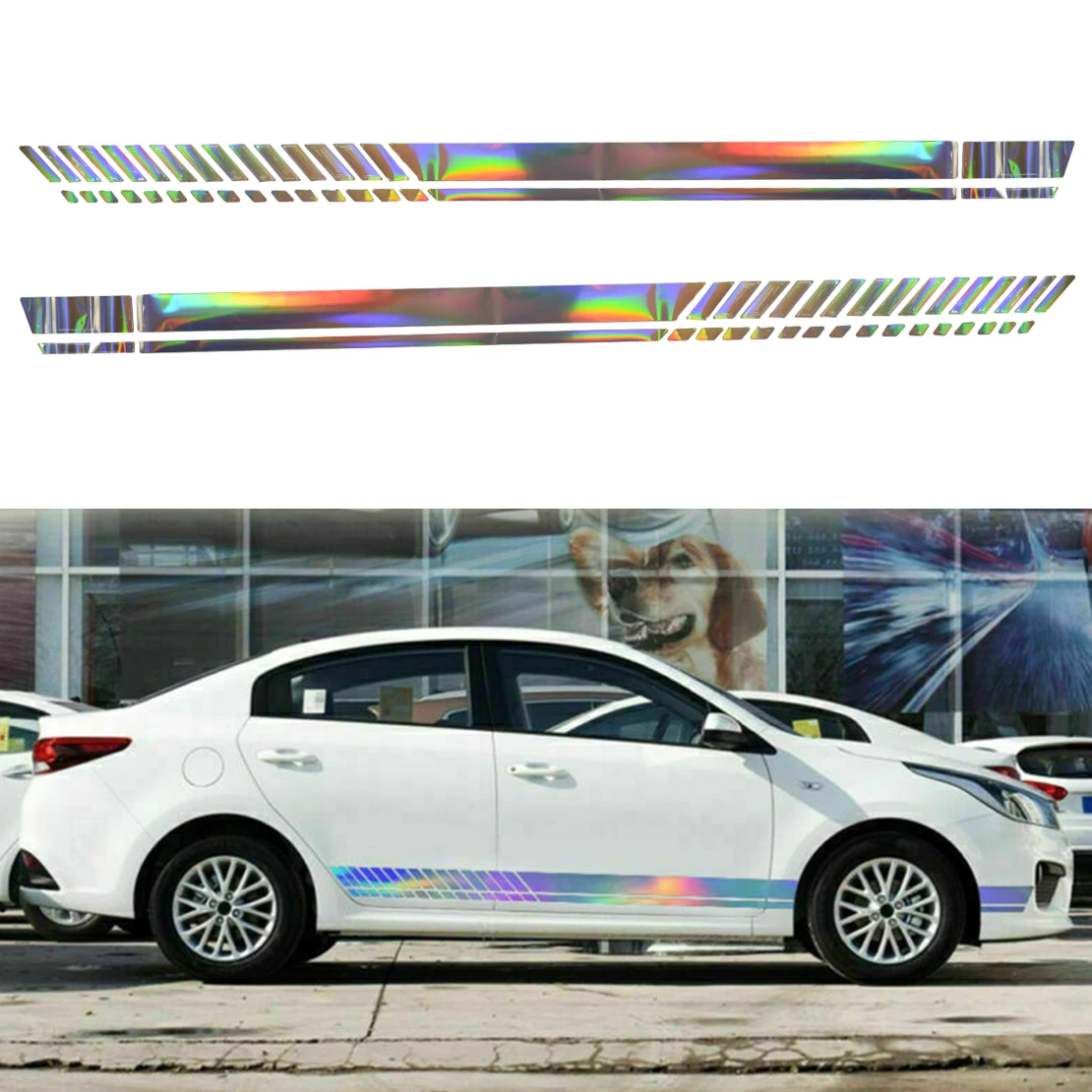 

2Pcs Reflective Car Long Racing Stripe Graphics Decal Side Skirt Body Door Sticker Universal Decoration Colorful Laser