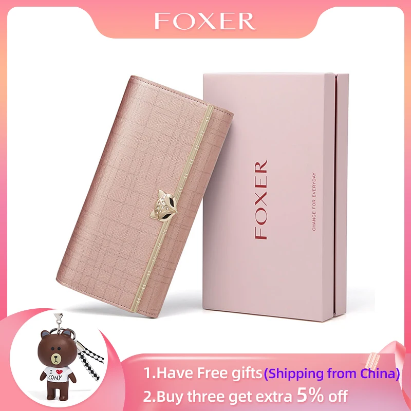 

FOXER Women Split Leather Three Fold Long Wallet Female Card Holder For Lady Luxury Coin Purse Chic Clutch Fit Into 14 Phone Bag