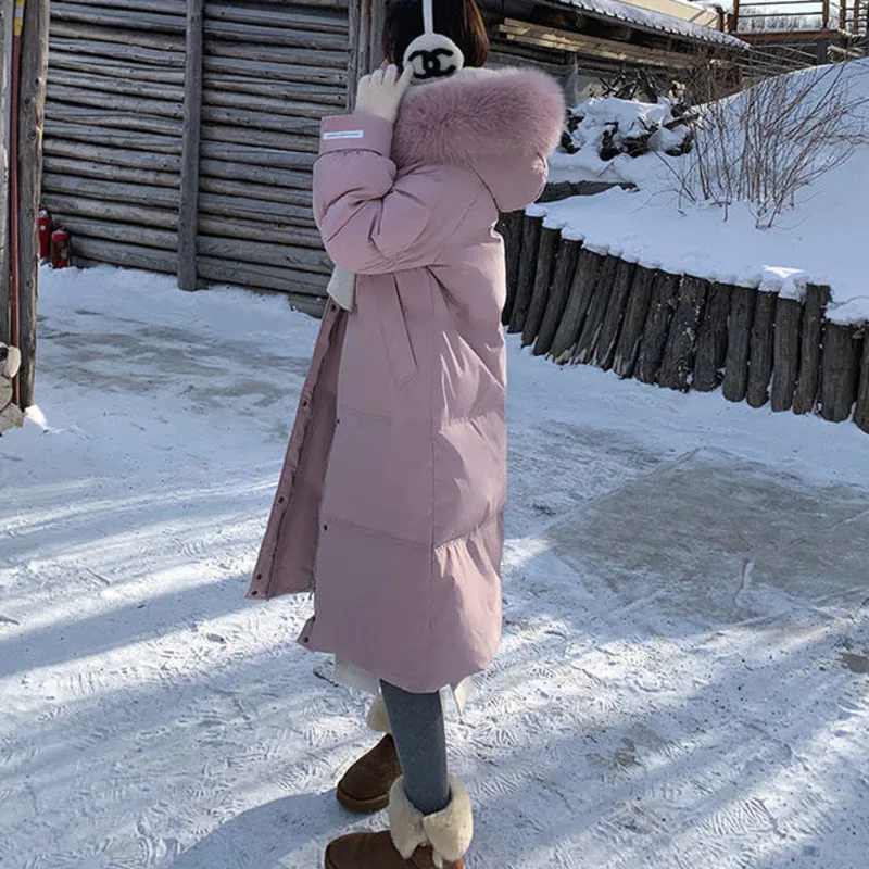 White Duck Down Jacket Women's Big Real Fur Collar Hat Long Loose Thickened Office Lady Warm Elegant Fashion Solid Down Coat