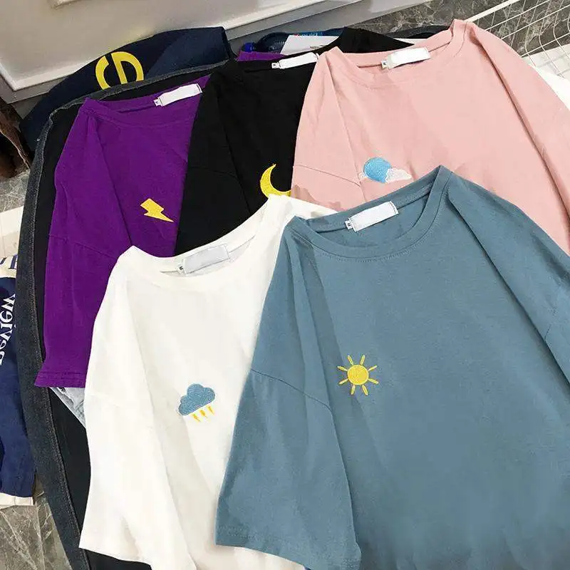 

Korean weather Embroidery Loose basic t shirt summer short Sleeve Simple T-shirts for Women harajuku Kawaii funny student tshirt
