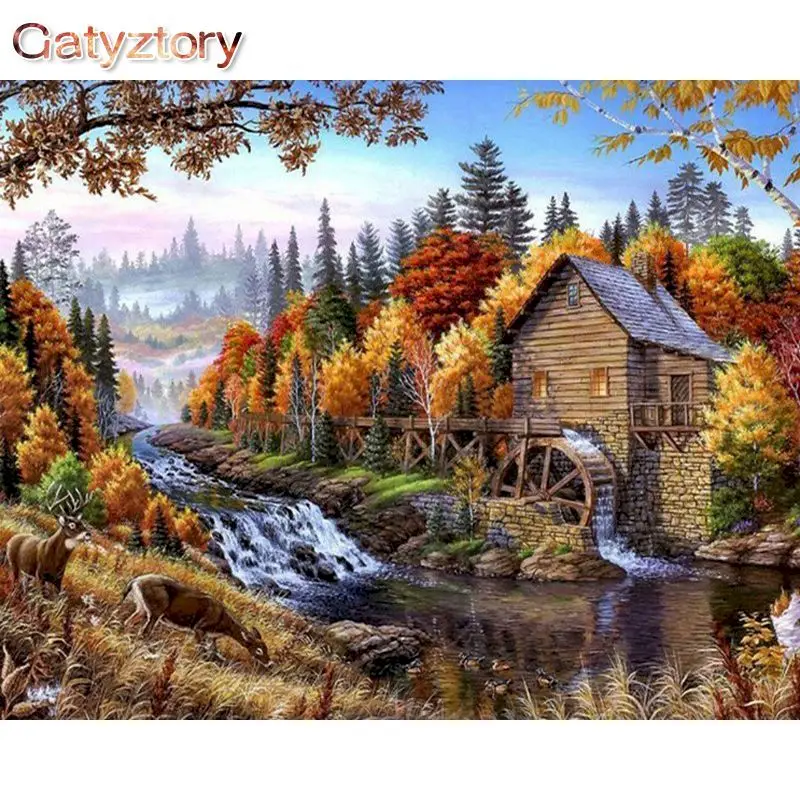 

GATYZTORY River Waterwheel Landscape Oil Painting By Numbers For Adults DIY Artcraft Acrylic Paint Canvas For Home Decor