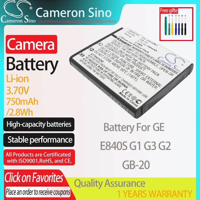 CameronSino Battery for GE E840S G1 G3 G2 fits GE GB-20 camera battery 750mAh/2.8Wh 3.70V Li-ion Black