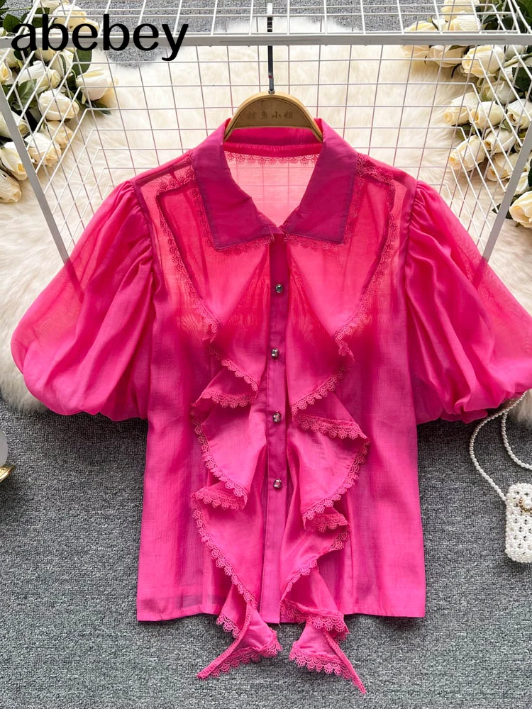 

Блузка женская с пышными рукавами, модная рубашка на пуговицах в Корейском стиле, элегантная винтажная прозрачная одежда в стиле Харадзюку,...