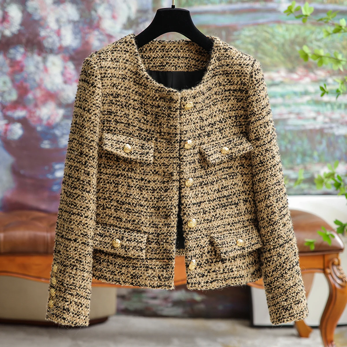 

Женская твидовая куртка с карманами, повседневная короткая блузка во французском стиле, осень 2023