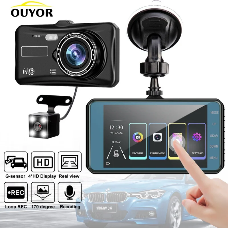 

Автомобильный видеорегистратор, видеорегистратор с двойным объективом HD 1080P, Автомобильный цифровой 4-дюймовый сенсорный IPS-экран, видеорег...
