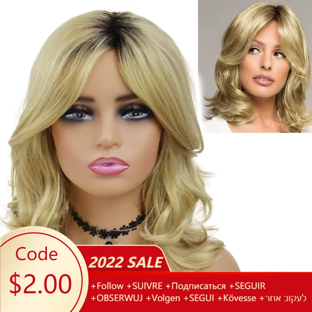 GNIMEGIL Synthetic Blond Natural Wave Hair Wigs for Women Golden Blonde Dark Roots Ombre Wig Female Costume Halloween Wig Lady