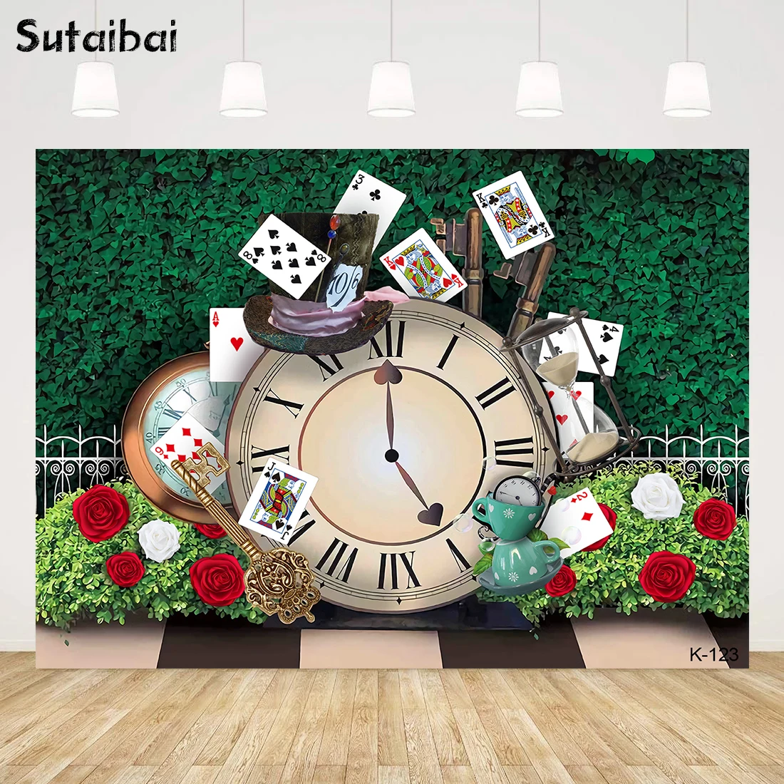 

Tea Party Backdrop Mushroom Alice In Wonderland Background Black White Plaid Poker Cards Butterfly Floral Girl Birthday Party