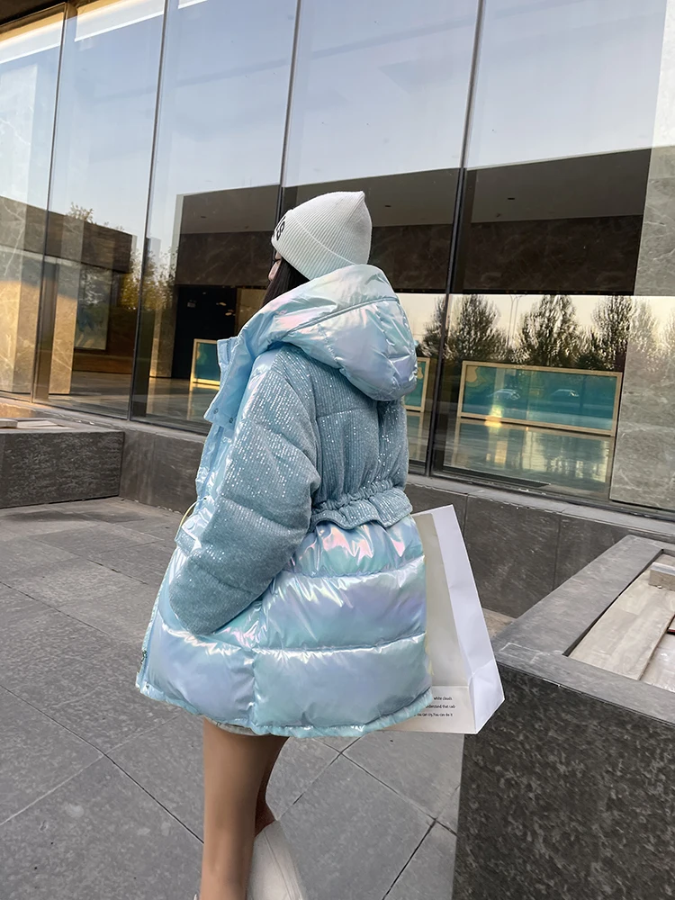 Down cotton jacket for women 2022 winter new medium length splicing heavy industry sequins waist wash free loose hooded coat