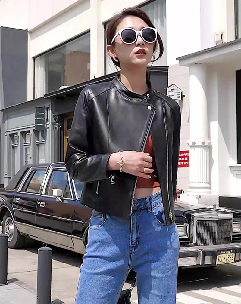 New Ladies Stand Collar Jacket Real Sheepskin Slim Fit Street Style Motorcycle Spring Fashion Short Design Ladies Leather Jacket