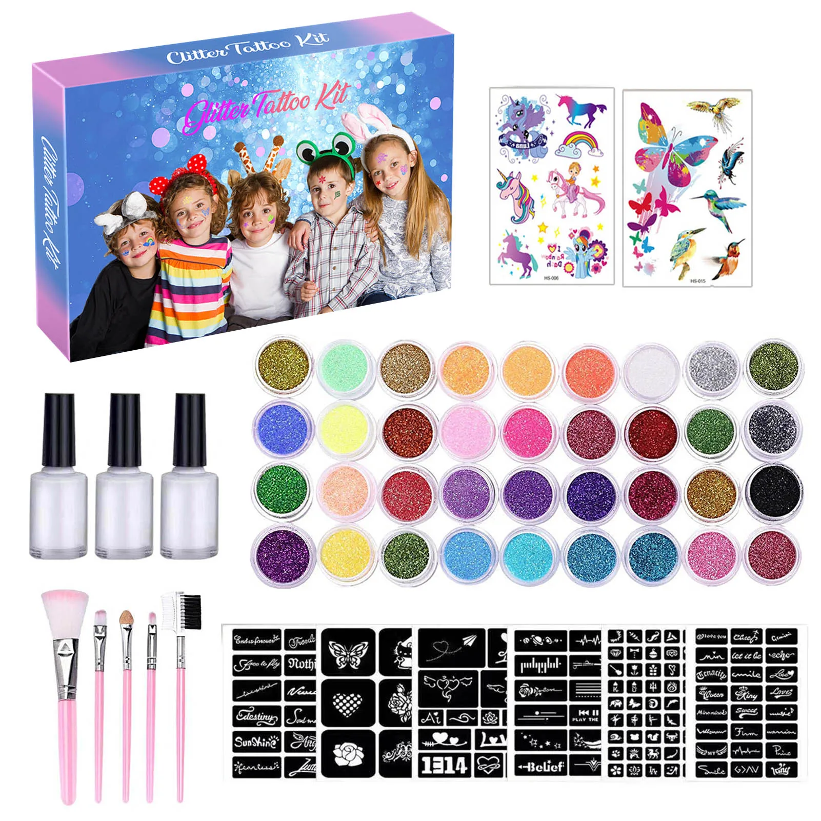 

36 Colors Flash Glitter Powder Template Tattoo Set For Adult Kids Face Body Art Painting Makeup