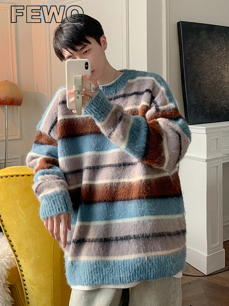 

FEWQ Contrast Color New Sweater For Men 2023 Casual Striped Round Neck Pullover Sweaters Autumn Fashion Loose Men's Top 24A672