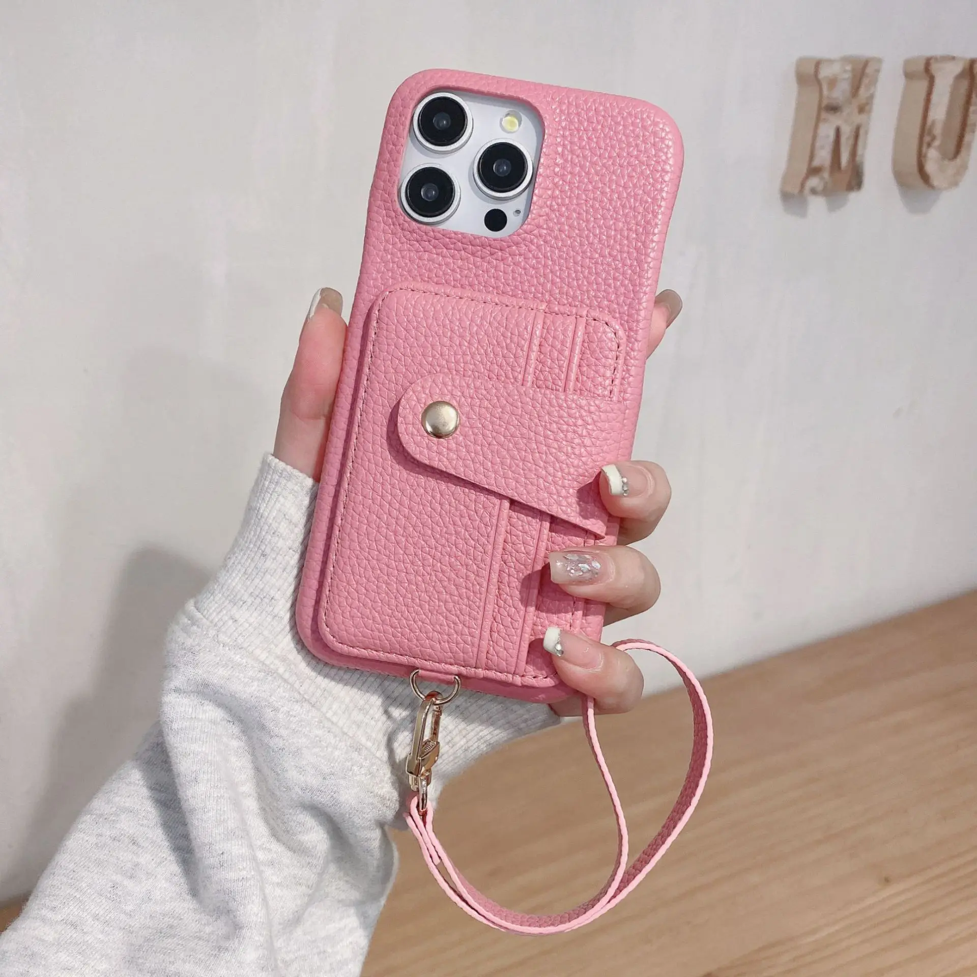 Фото Чехол-кошелек из искусственной кожи с узором личи и ремешком для iPhone 17, 16, 15, 14, 13, 12 Pro Max, 14, 15, 16 Plus, 17 Pro №4