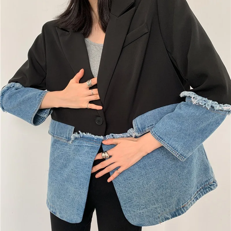 

2022 Spring Loose Turn-down Collar Jacket Women Single-breasted All-match Denim Patchwork Coat For Women Fashion Tide Tops